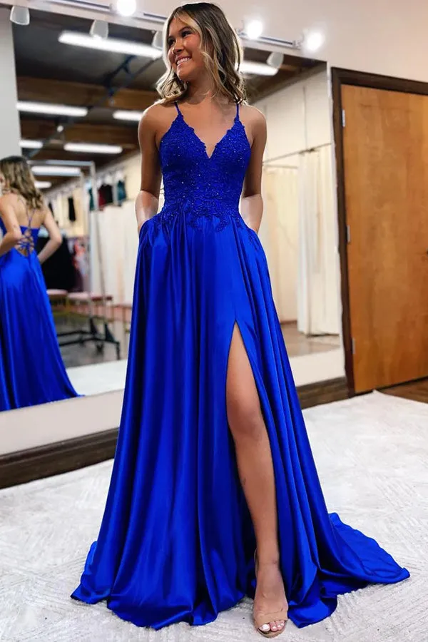 A-Line Long Satin Dark Green Prom Dress with Split PSK406