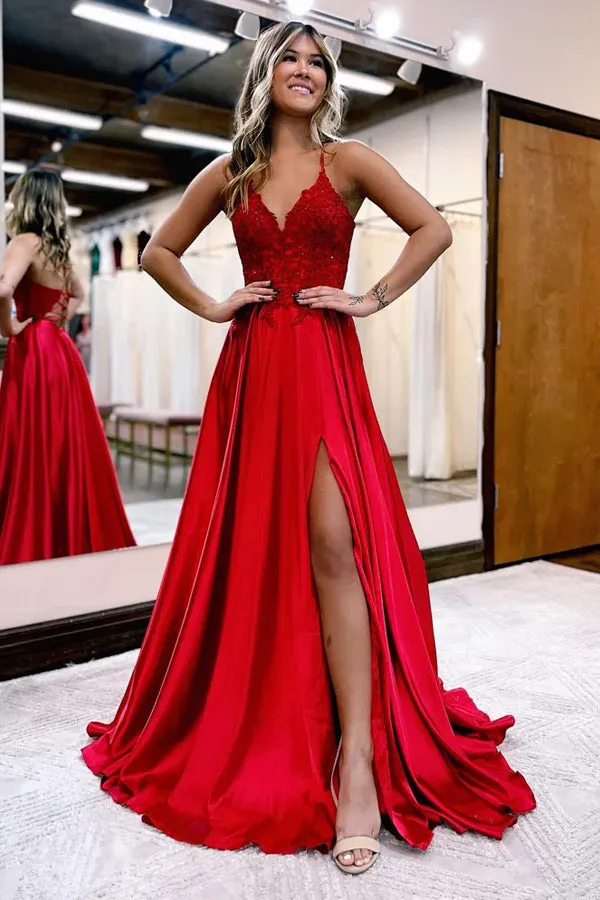 A-Line Long Satin Dark Green Prom Dress with Split PSK406