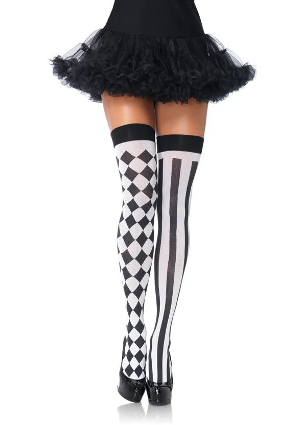 Black and White Harlequin and Vertical Striped Thigh High Stockings