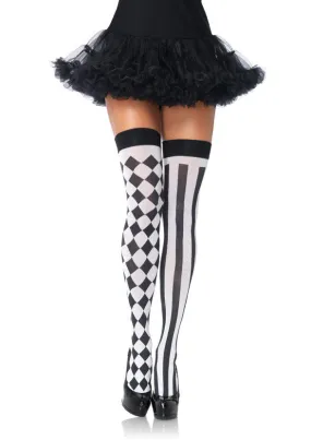 Black and White Harlequin and Vertical Striped Thigh High Stockings