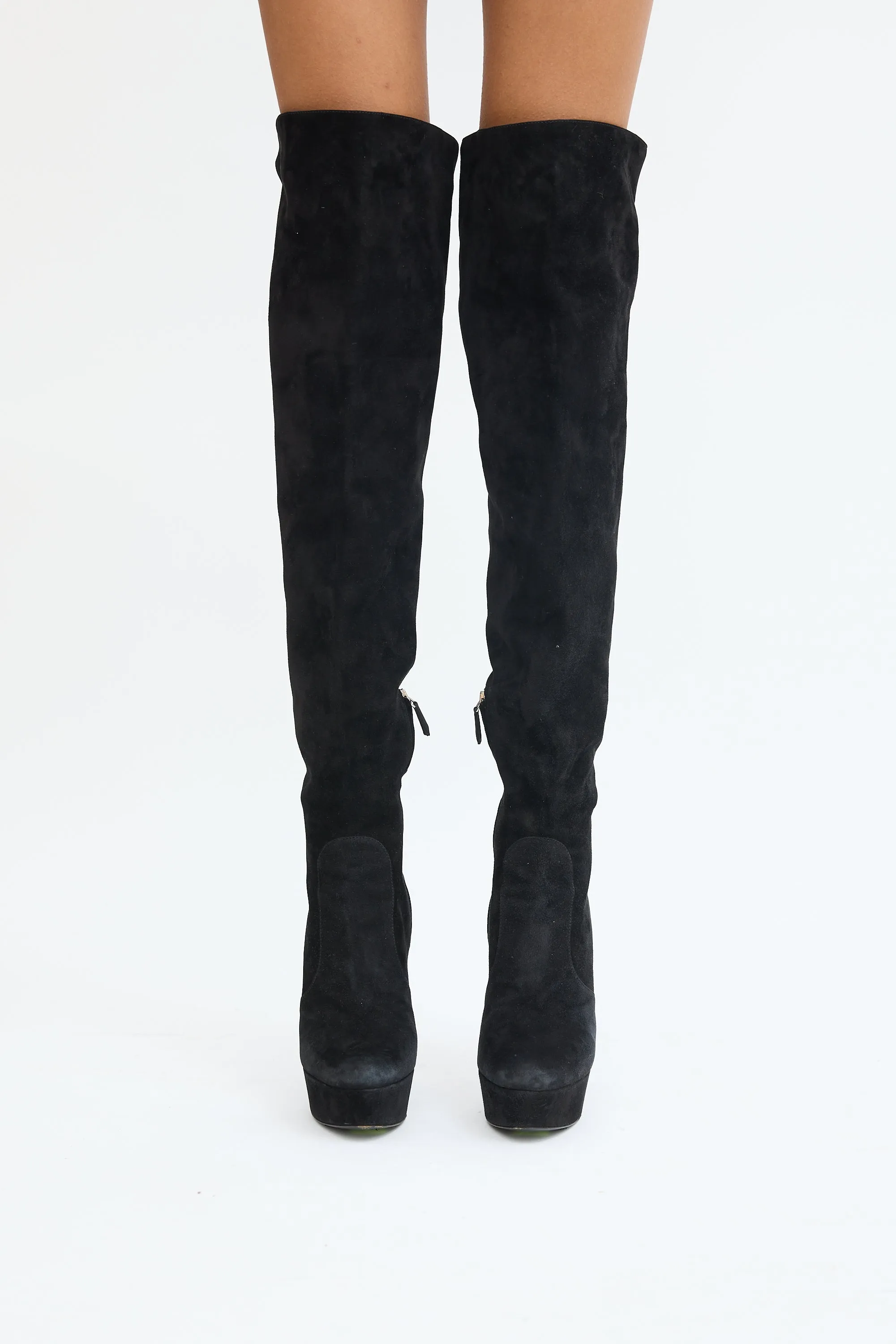 Black Suede Thigh High Platform Heeled Boot