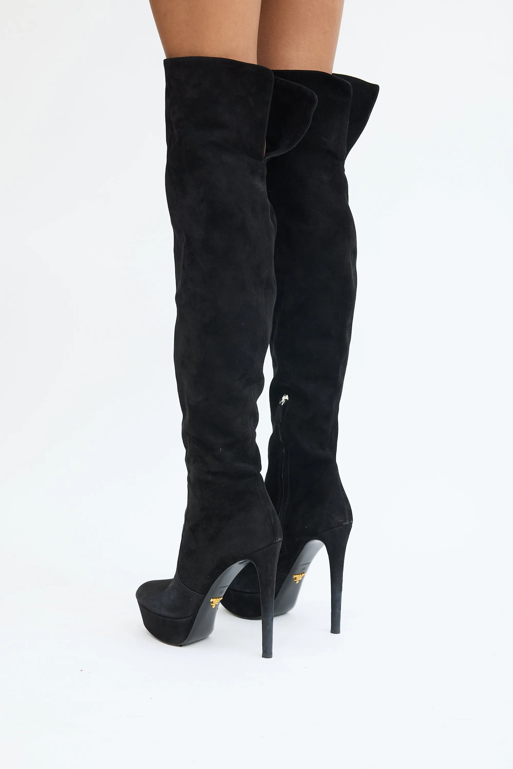 Black Suede Thigh High Platform Heeled Boot