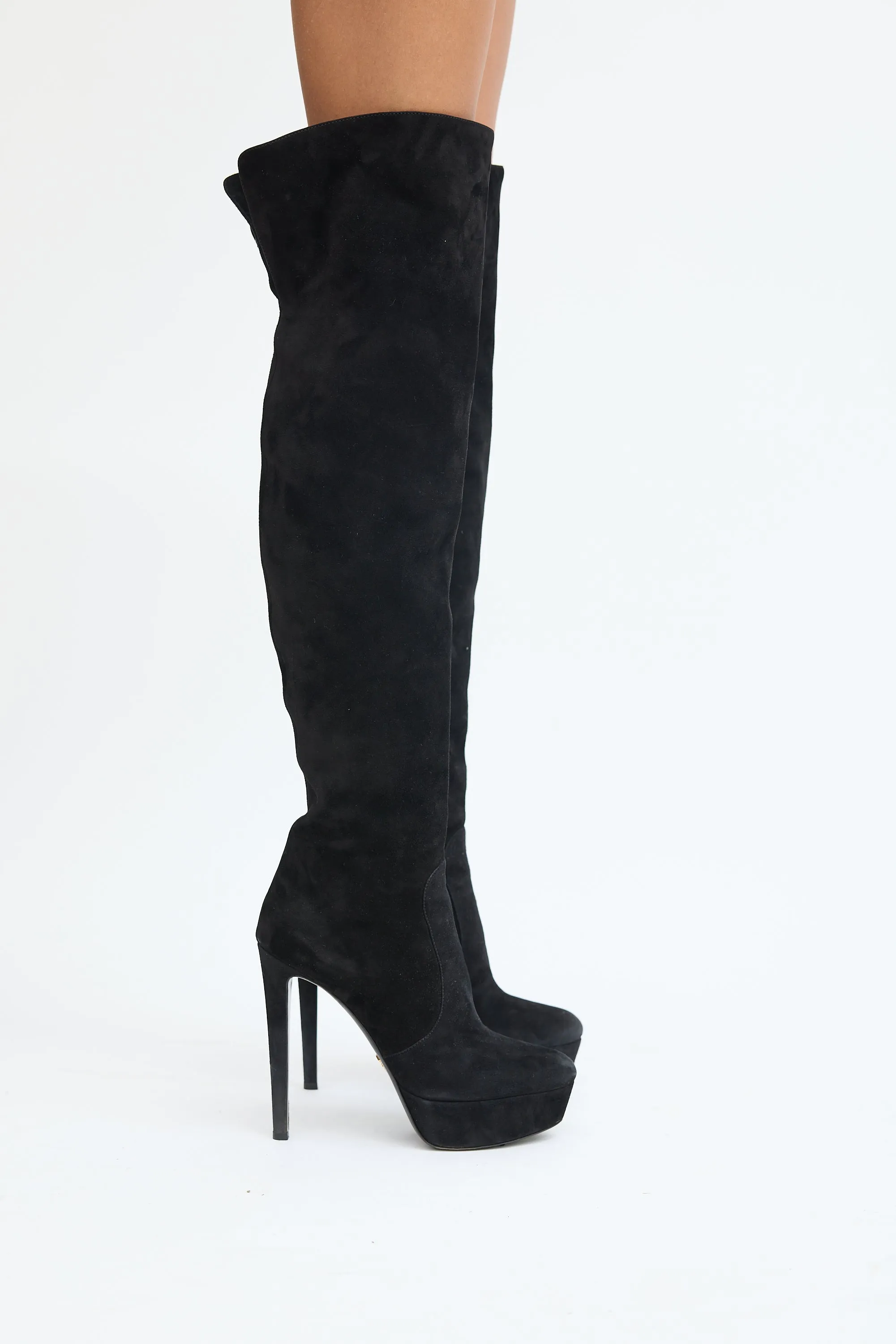 Black Suede Thigh High Platform Heeled Boot