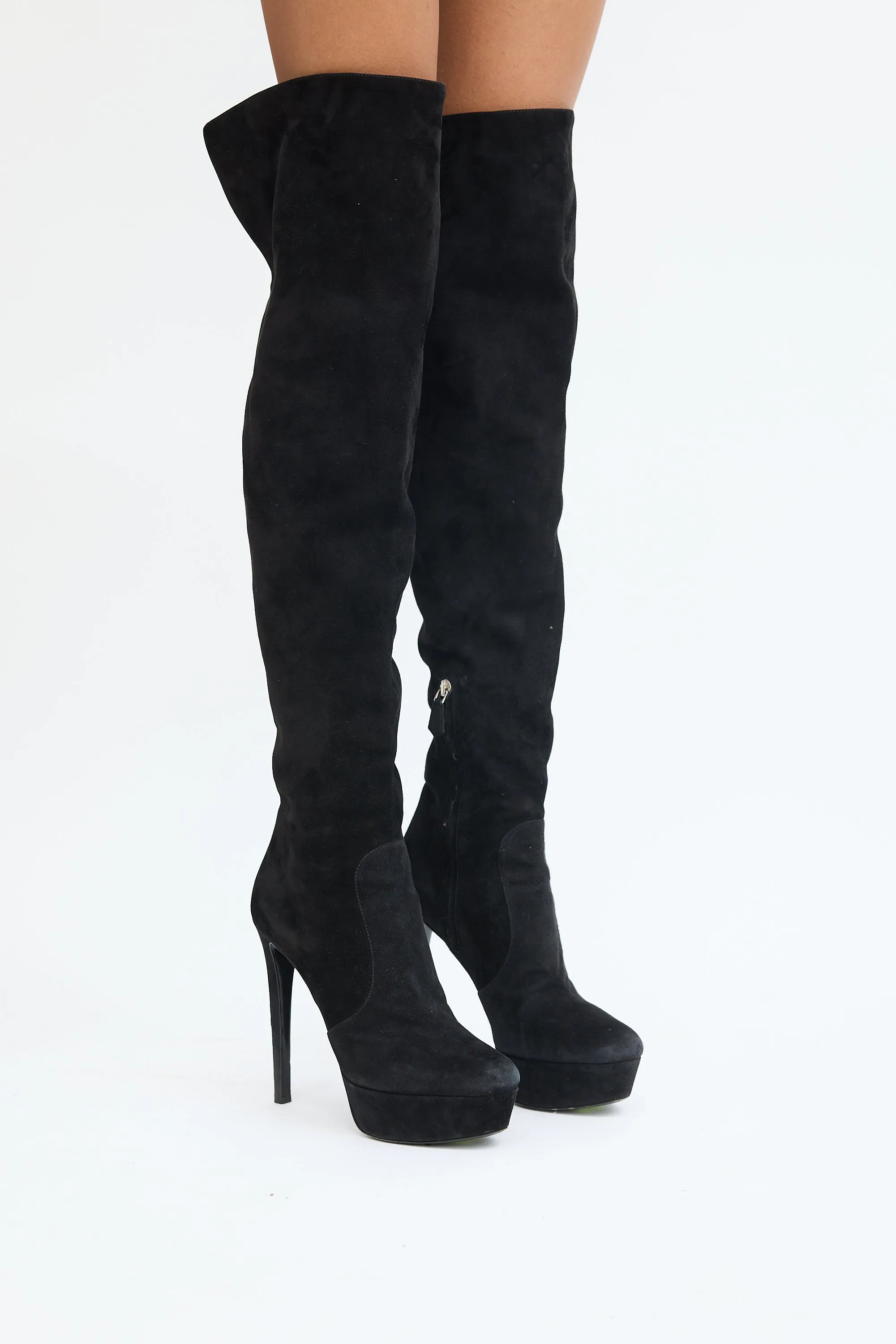 Black Suede Thigh High Platform Heeled Boot
