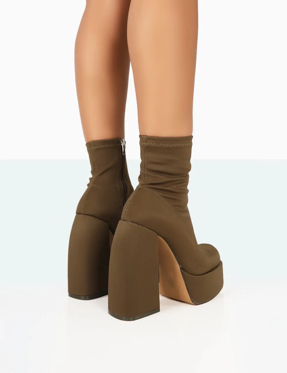 Charlie Khaki Nylon Platform Rounded Toe Block Heeled Ankle Boots