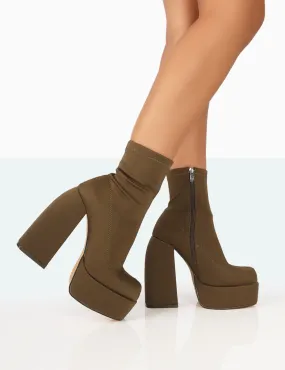 Charlie Khaki Nylon Platform Rounded Toe Block Heeled Ankle Boots