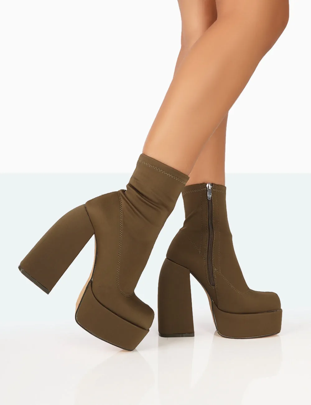 Charlie Khaki Nylon Platform Rounded Toe Block Heeled Ankle Boots