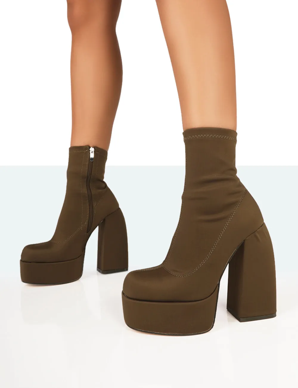 Charlie Khaki Nylon Platform Rounded Toe Block Heeled Ankle Boots