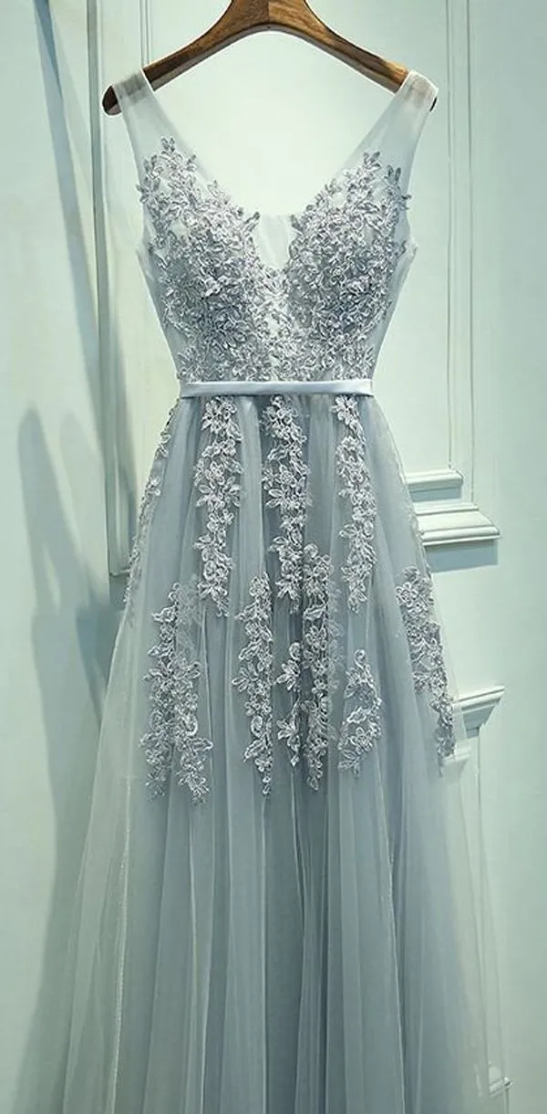 Cheap V-neck Dusty Blue Grey Lace Tulle A-line Long Prom Dress, PD0324