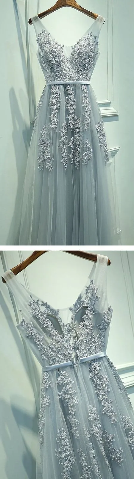 Cheap V-neck Dusty Blue Grey Lace Tulle A-line Long Prom Dress, PD0324