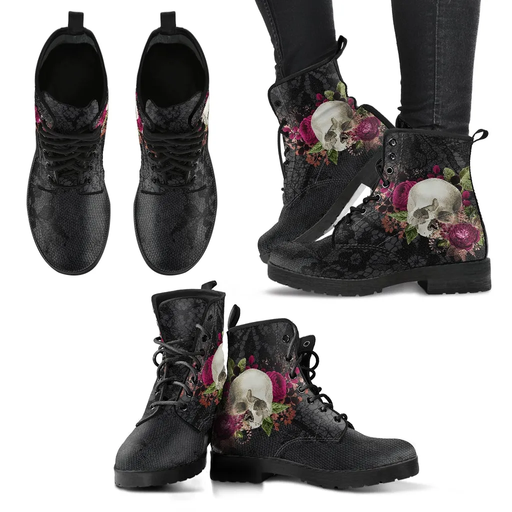 Combat Boots - Goth Shoes #26 | Gothic Lace, Skulls and Roses, Women's Black Hipster Boots, Vegan Leather, Women's Boots