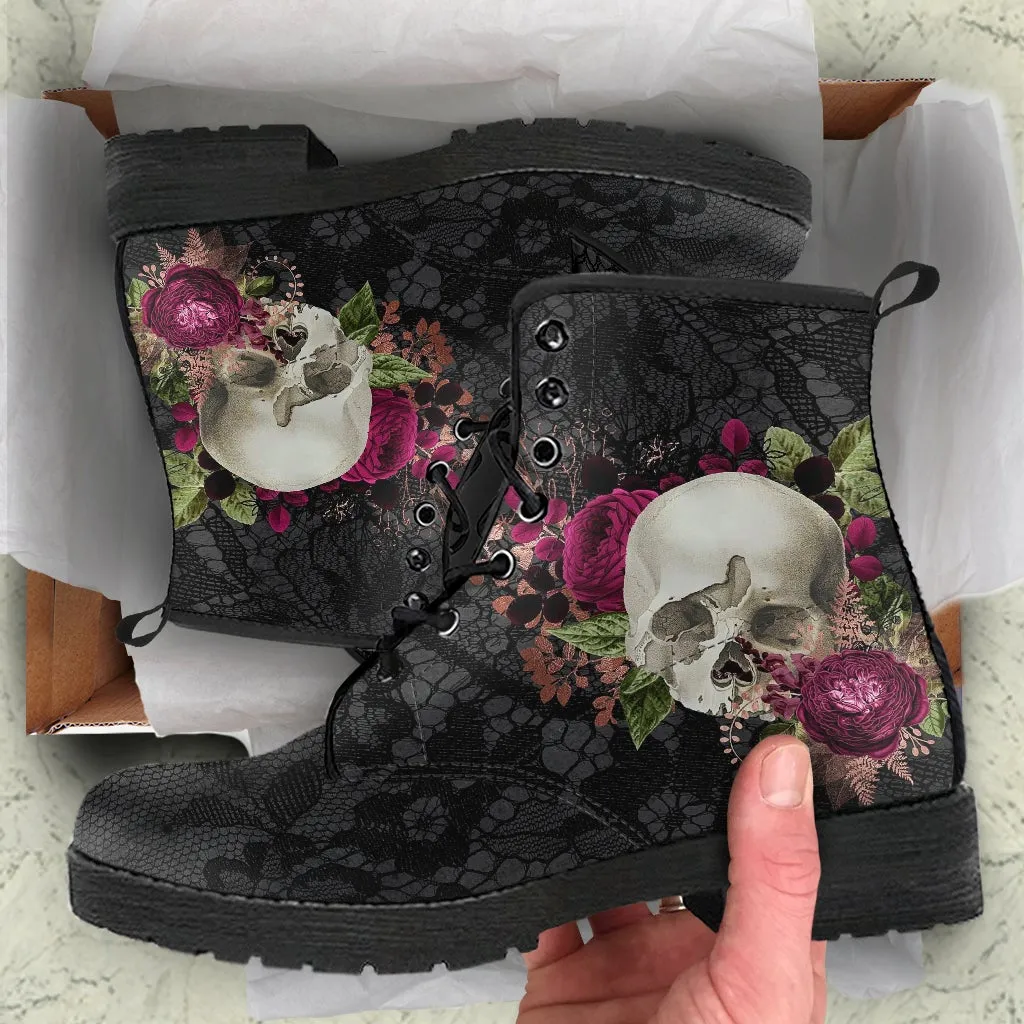 Combat Boots - Goth Shoes #26 | Gothic Lace, Skulls and Roses, Women's Black Hipster Boots, Vegan Leather, Women's Boots