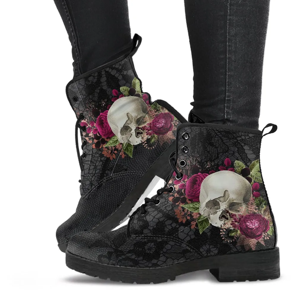 Combat Boots - Goth Shoes #26 | Gothic Lace, Skulls and Roses, Women's Black Hipster Boots, Vegan Leather, Women's Boots