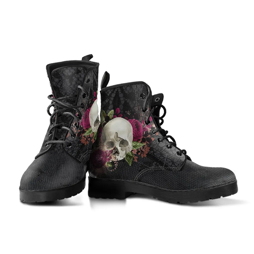 Combat Boots - Goth Shoes #26 | Gothic Lace, Skulls and Roses, Women's Black Hipster Boots, Vegan Leather, Women's Boots