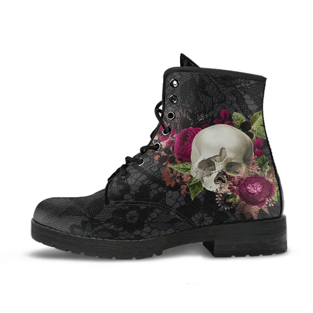 Combat Boots - Goth Shoes #26 | Gothic Lace, Skulls and Roses, Women's Black Hipster Boots, Vegan Leather, Women's Boots