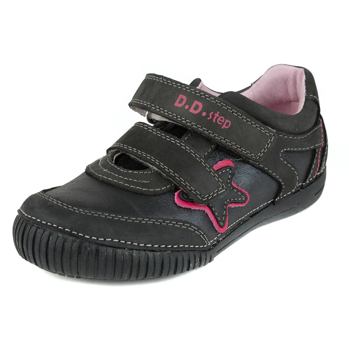D.D. Step Big Kid Girl Double Strap Shoes Black With Star - Supportive Leather From Europe Kids Orthopedic