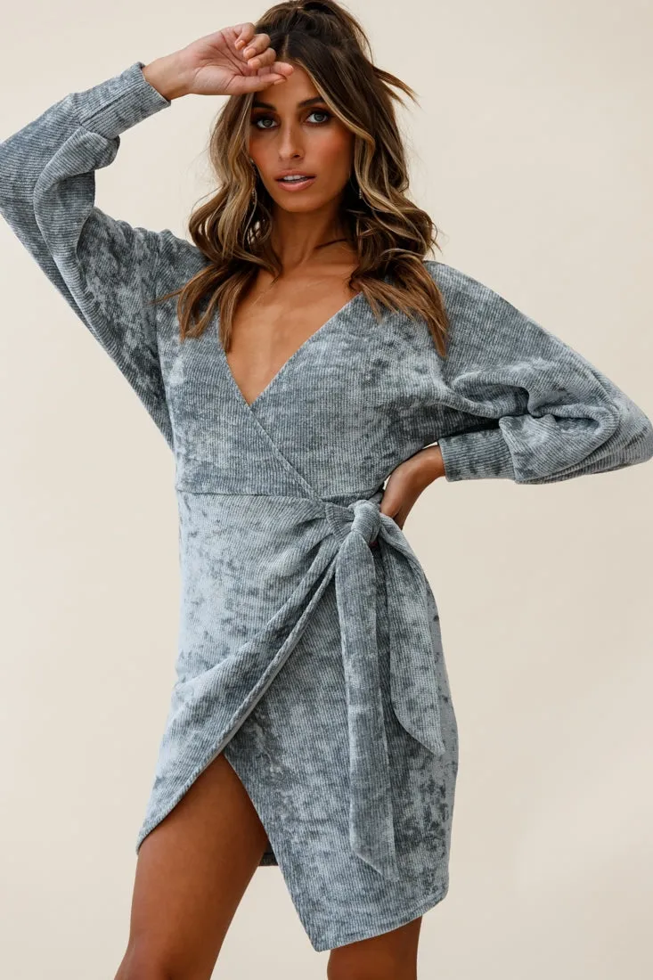 Isolde Ribbed Velour Wrap Dress Grey