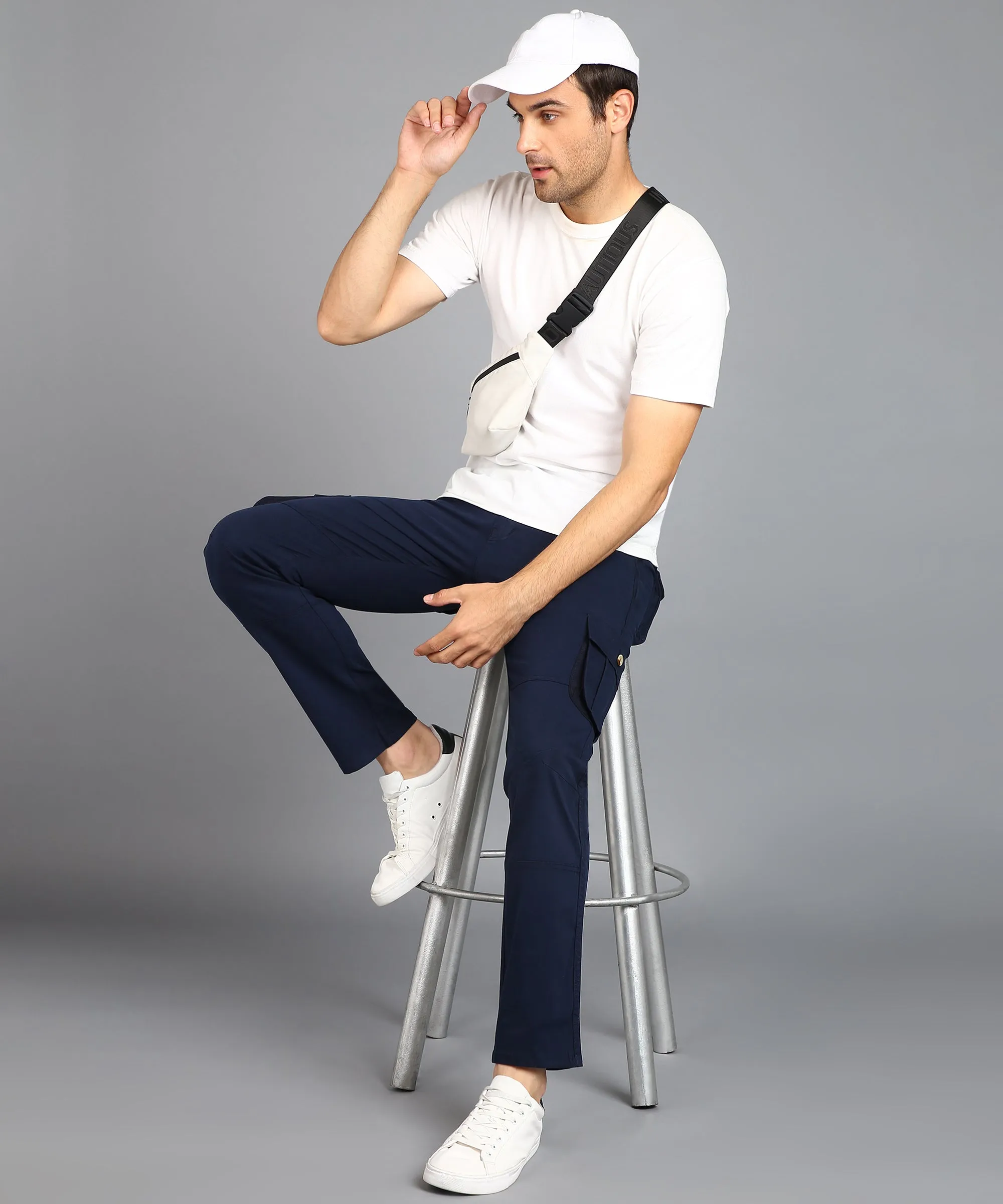 Men's Navy Blue Regular Fit Solid Cargo Chino Pant with 6 Pockets