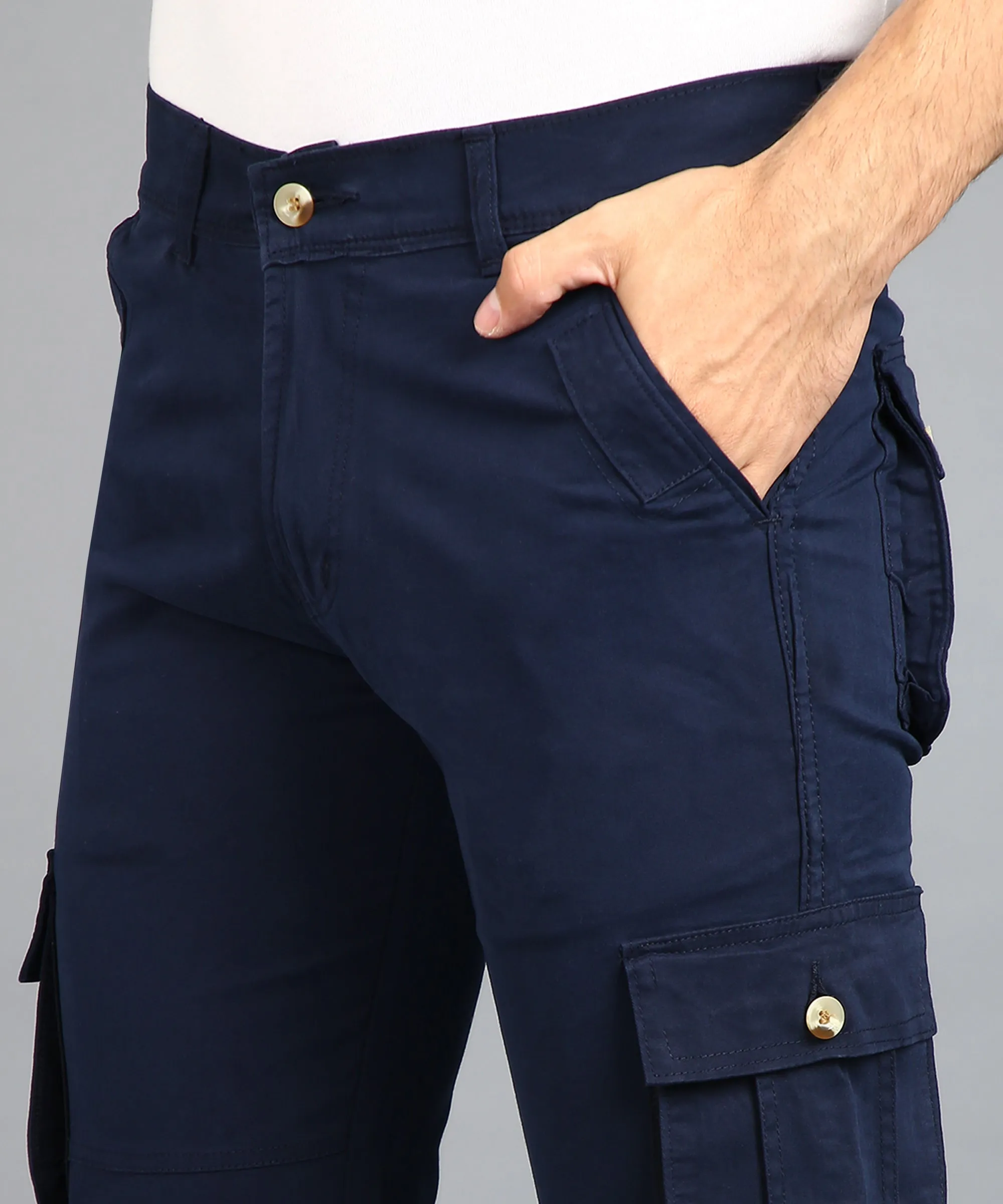 Men's Navy Blue Regular Fit Solid Cargo Chino Pant with 6 Pockets