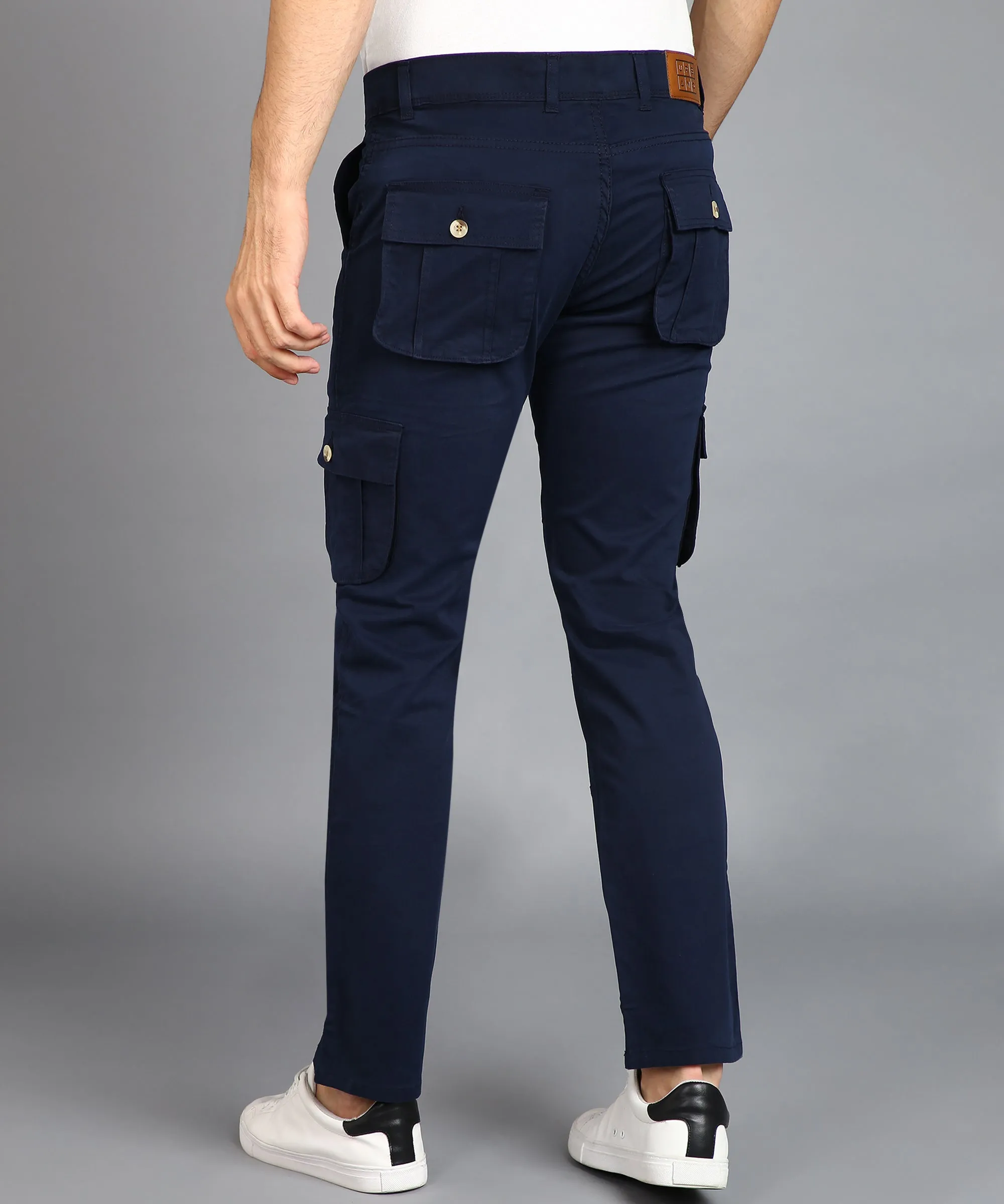 Men's Navy Blue Regular Fit Solid Cargo Chino Pant with 6 Pockets