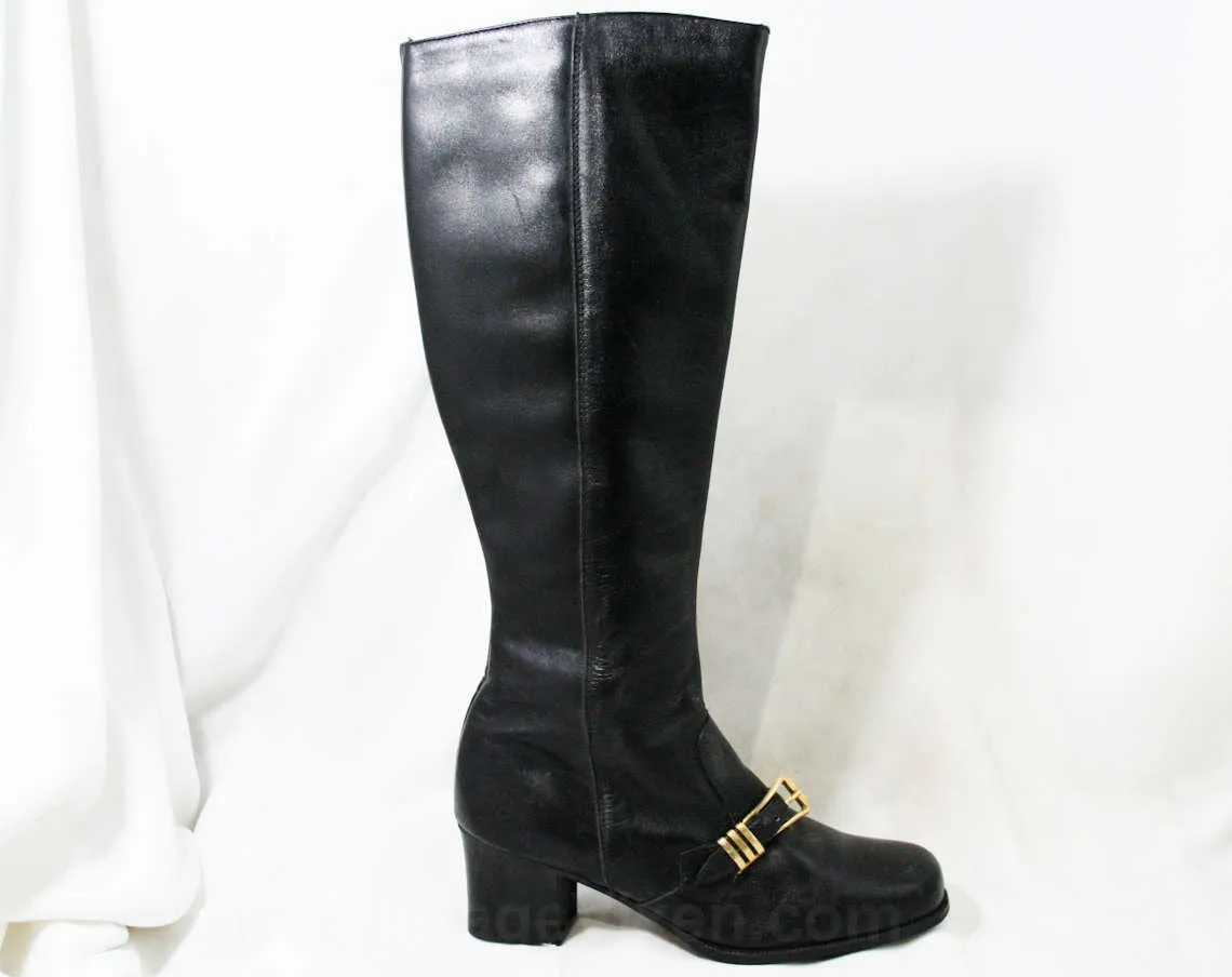 Sexy 60s Black Boots - Size 6 - Black Leather - Made in Italy - 1960s - Big Brass Buckle - Chic Street Style - Unworn - Deadstock - 43199-1