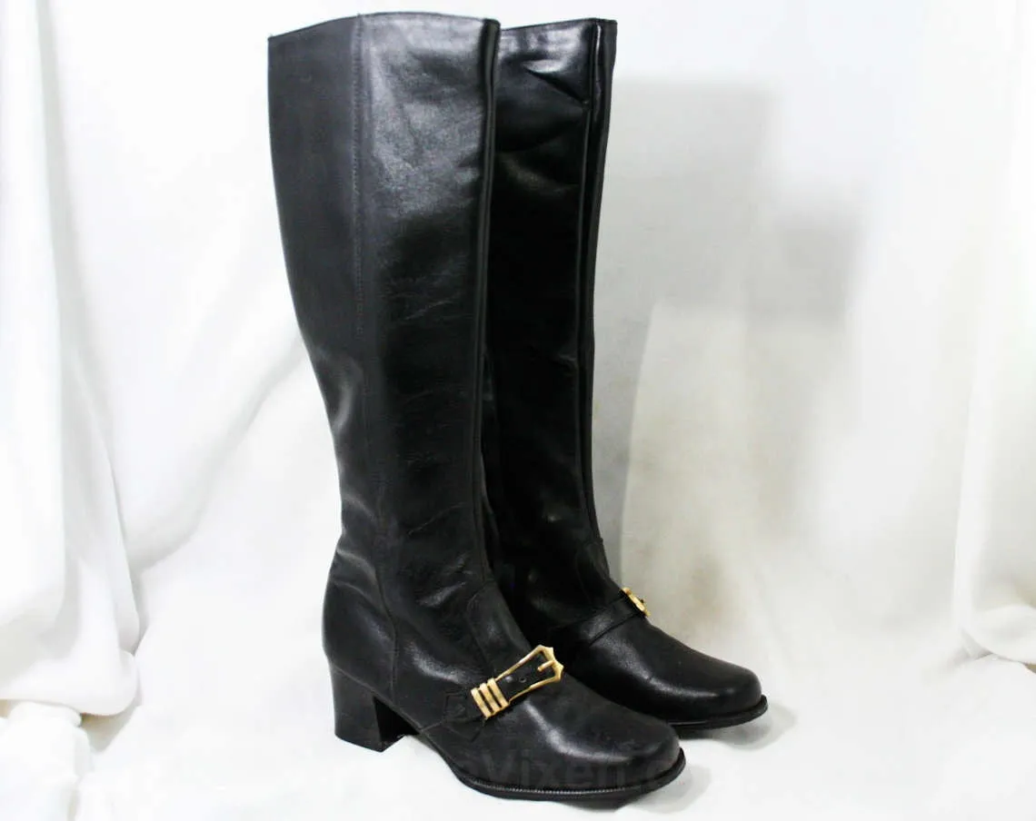 Sexy 60s Black Boots - Size 6 - Black Leather - Made in Italy - 1960s - Big Brass Buckle - Chic Street Style - Unworn - Deadstock - 43199-1