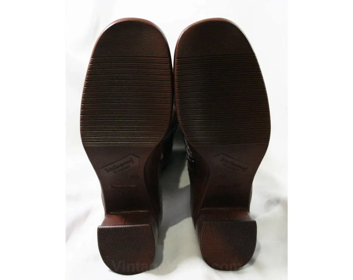 Size 7 Trompe L'Oeil 60s Boots - Brown Waterproof Rubber - Sophisticated 1960s - Faux Buckles - Fleece Lined - Unworn - Deadstock - 43295-15