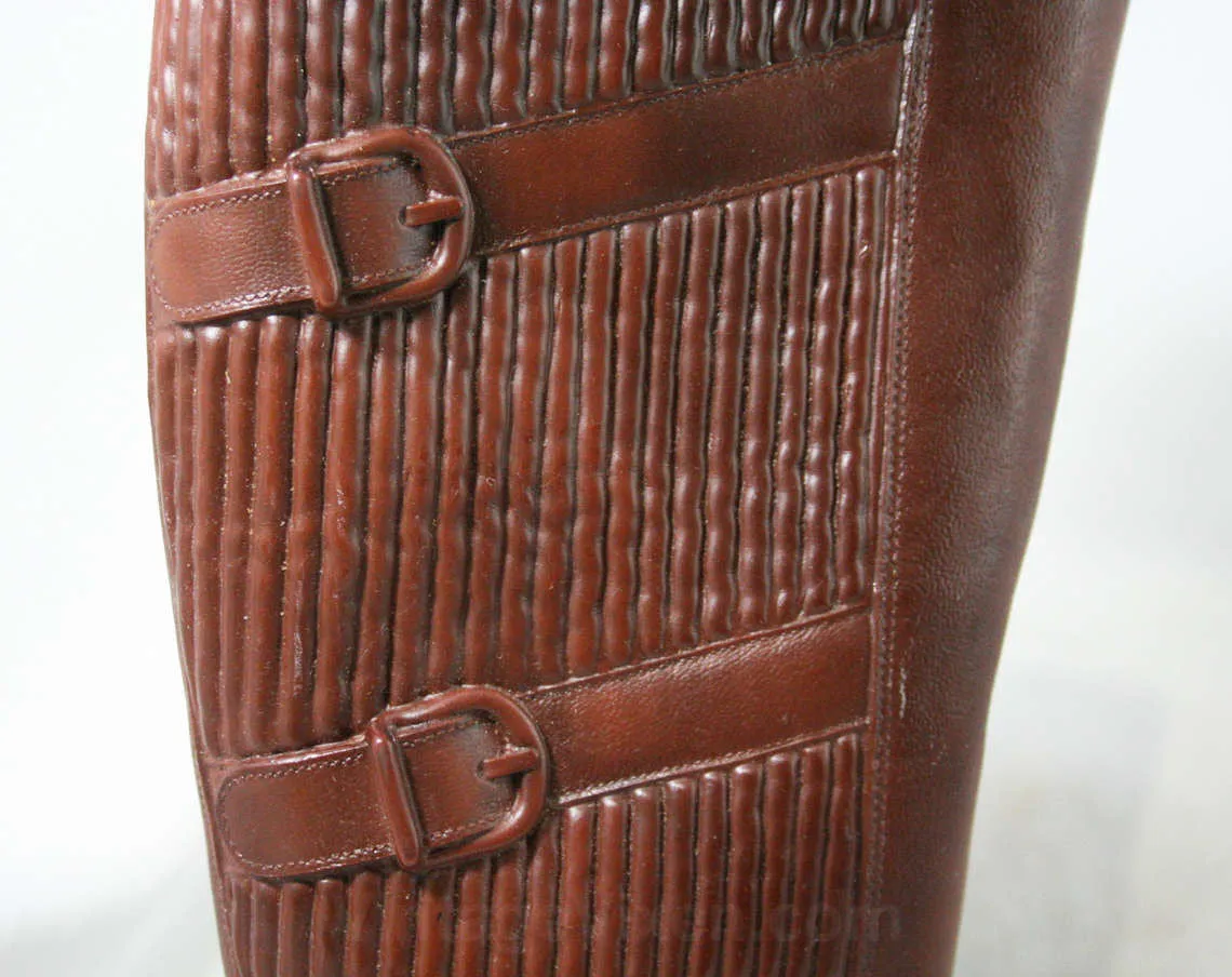 Size 7 Trompe L'Oeil 60s Boots - Brown Waterproof Rubber - Sophisticated 1960s - Faux Buckles - Fleece Lined - Unworn - Deadstock - 43295-15