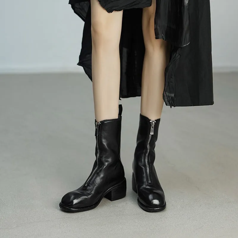 Washed Horse Leather Ankle Boots Front Zip Boots For Women in Black/Pink/Red/Grey