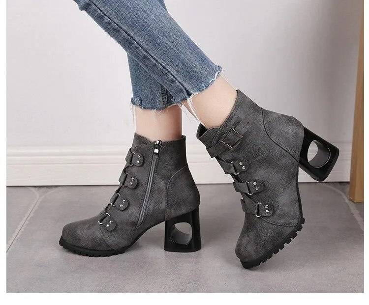 Women  Ankle Pumps PU Leather Toe Boots Solid Autumn Winter  High-heeled Shoes
