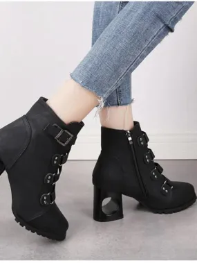 Women  Ankle Pumps PU Leather Toe Boots Solid Autumn Winter  High-heeled Shoes