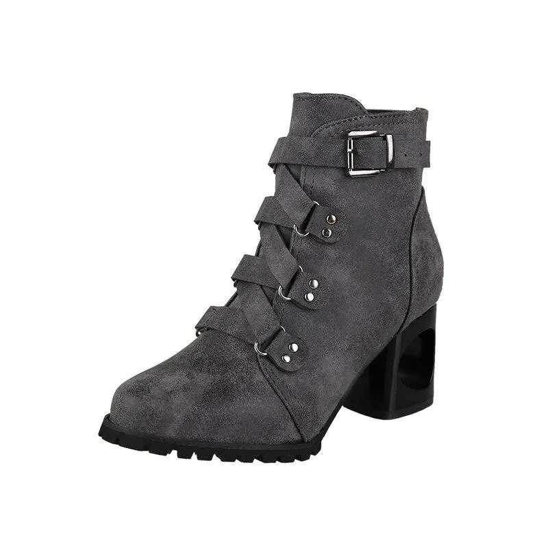 Women  Ankle Pumps PU Leather Toe Boots Solid Autumn Winter  High-heeled Shoes