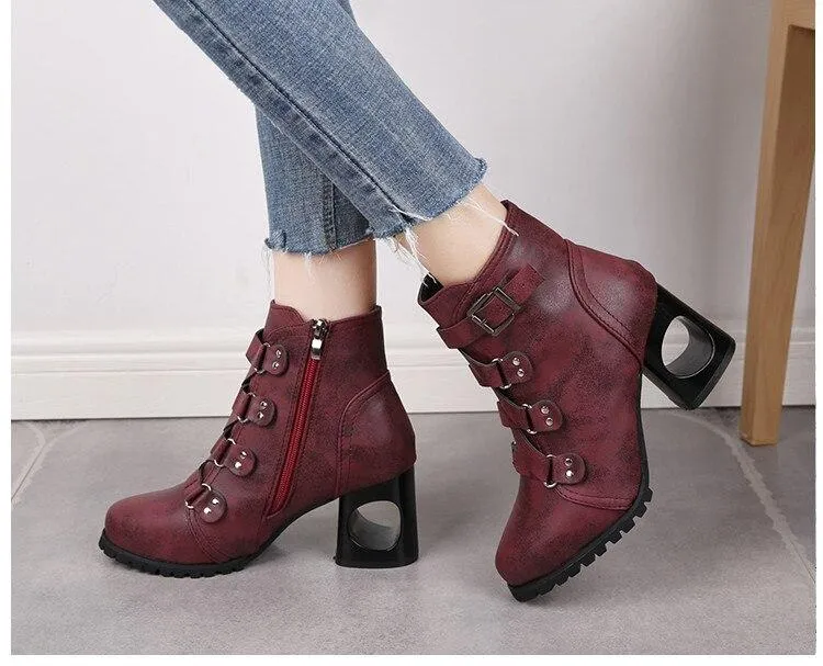 Women  Ankle Pumps PU Leather Toe Boots Solid Autumn Winter  High-heeled Shoes