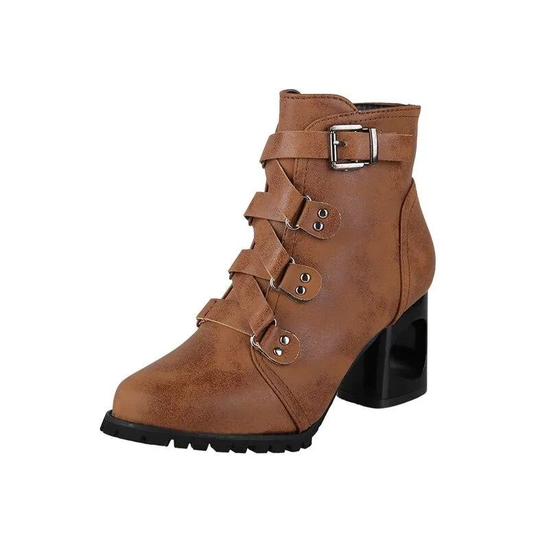 Women  Ankle Pumps PU Leather Toe Boots Solid Autumn Winter  High-heeled Shoes