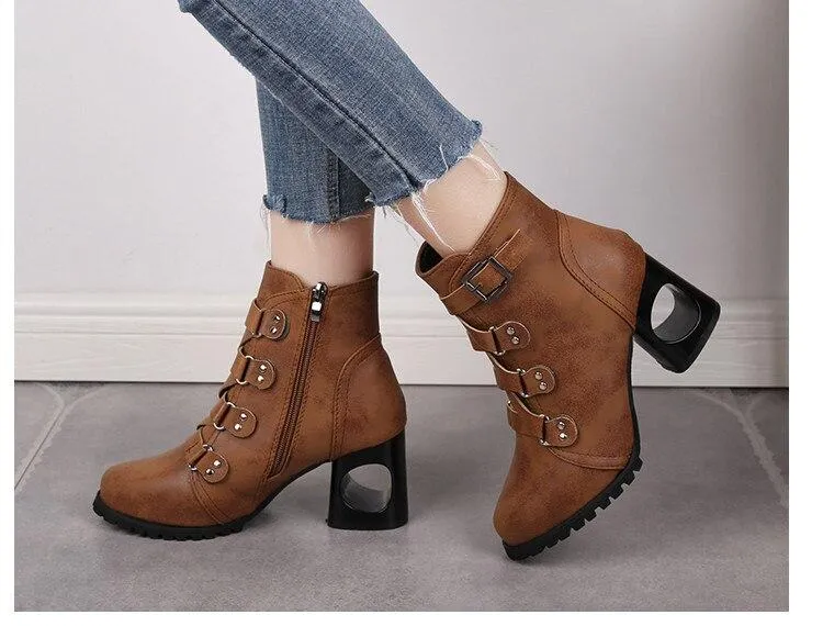 Women  Ankle Pumps PU Leather Toe Boots Solid Autumn Winter  High-heeled Shoes