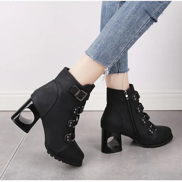 Women  Ankle Pumps PU Leather Toe Boots Solid Autumn Winter  High-heeled Shoes