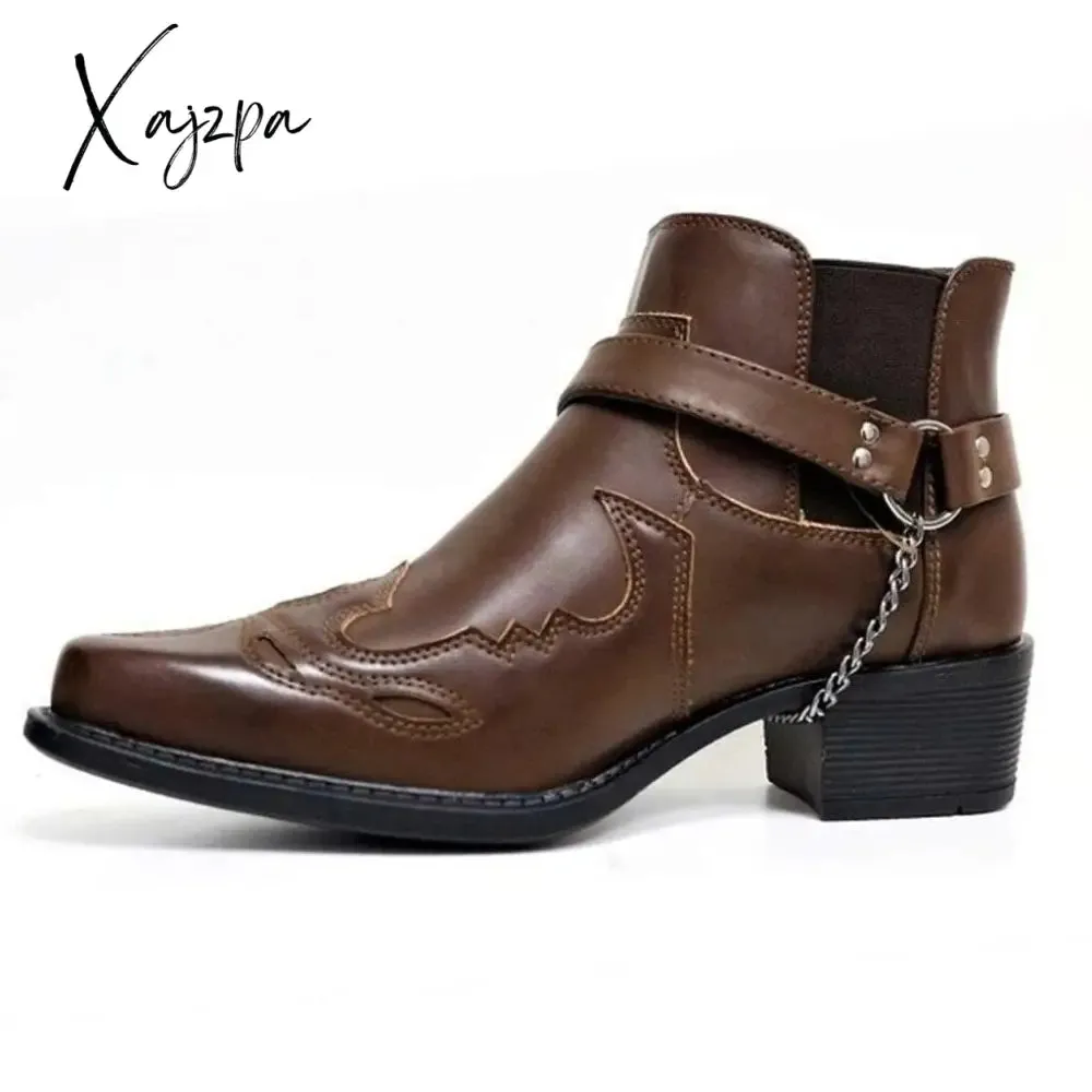 Xajzpa - Plus size 38-48 autumn winter men's short boots fashion personality belt buckle thick heel pointed ankle boots
