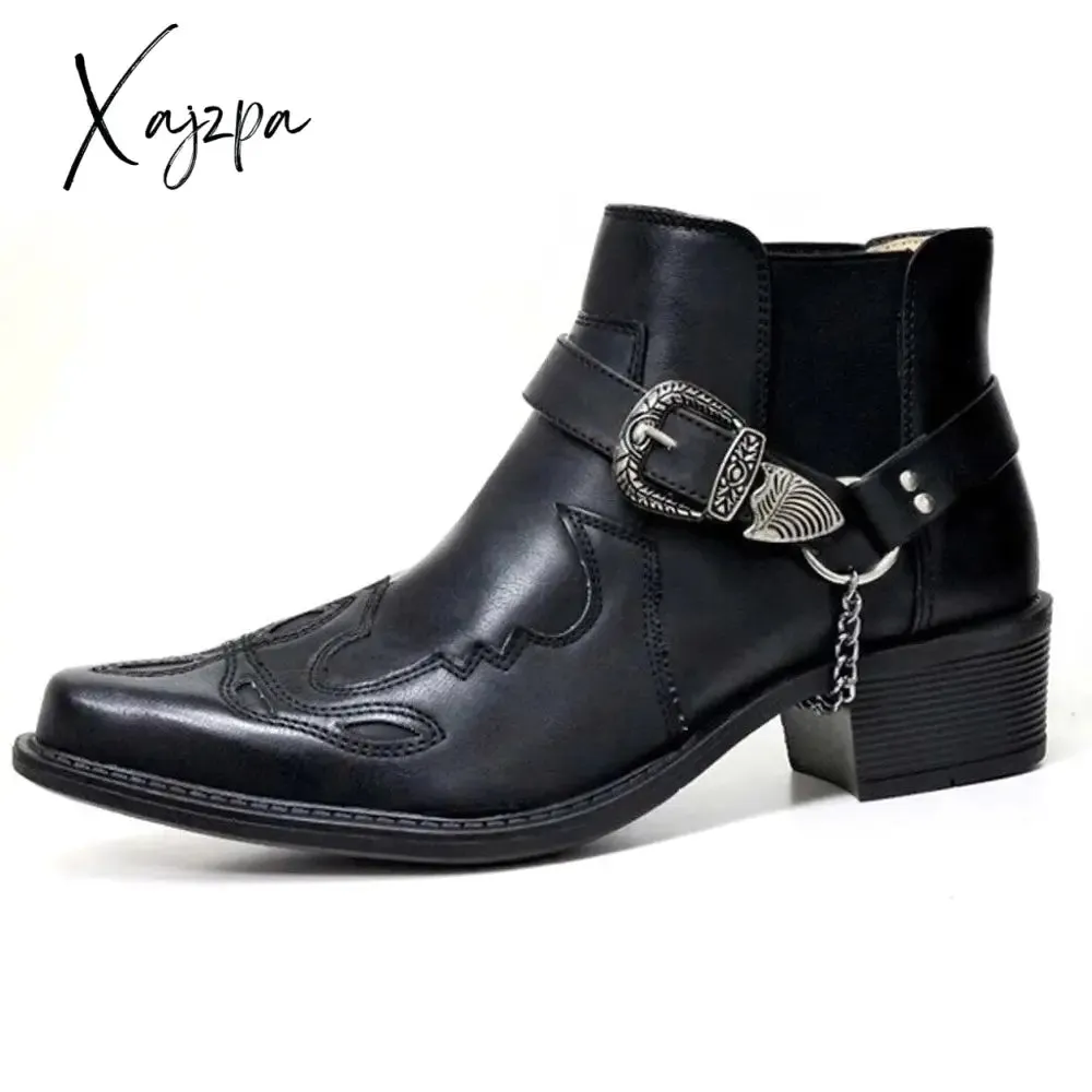 Xajzpa - Plus size 38-48 autumn winter men's short boots fashion personality belt buckle thick heel pointed ankle boots