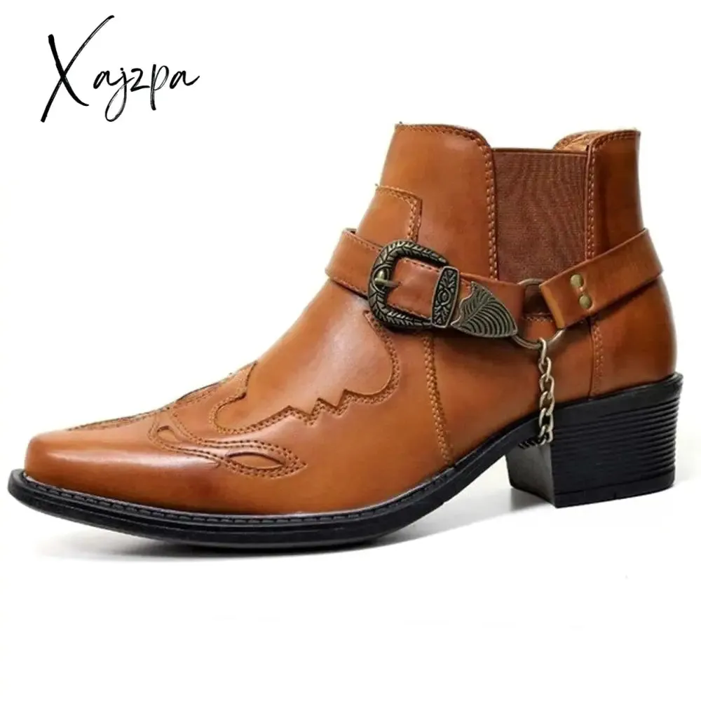 Xajzpa - Plus size 38-48 autumn winter men's short boots fashion personality belt buckle thick heel pointed ankle boots