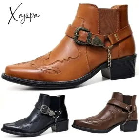 Xajzpa - Plus size 38-48 autumn winter men's short boots fashion personality belt buckle thick heel pointed ankle boots